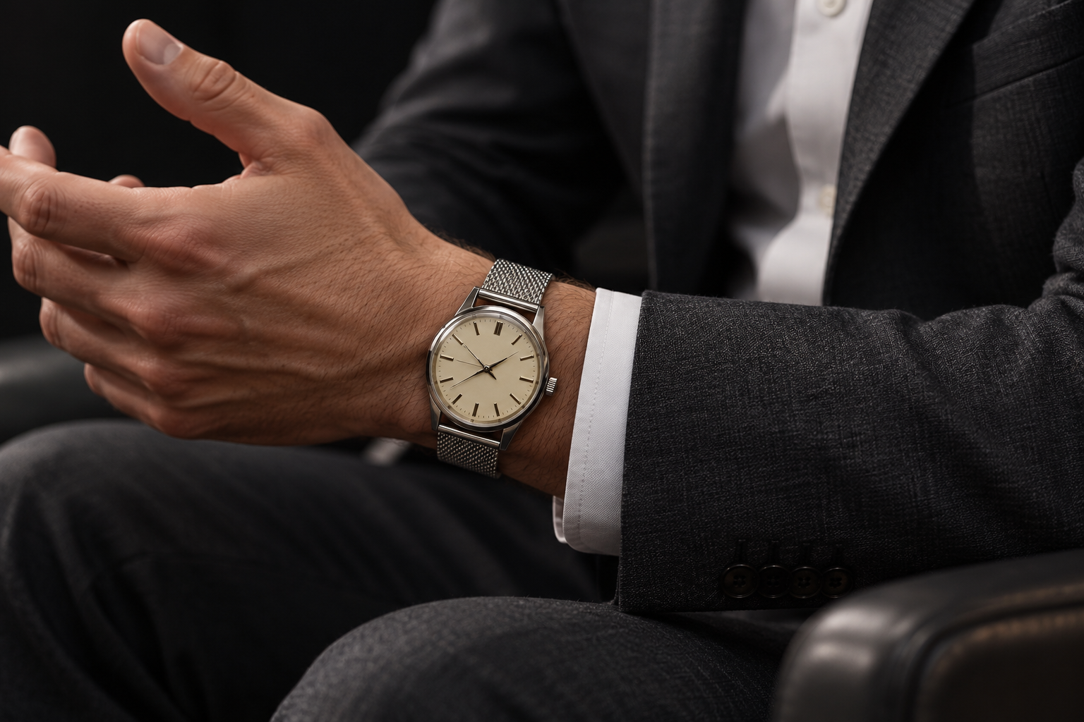 Herrenhandgelenk mit einer schlichten Mesh-Armbanduhr vor dunklem Hintergrund