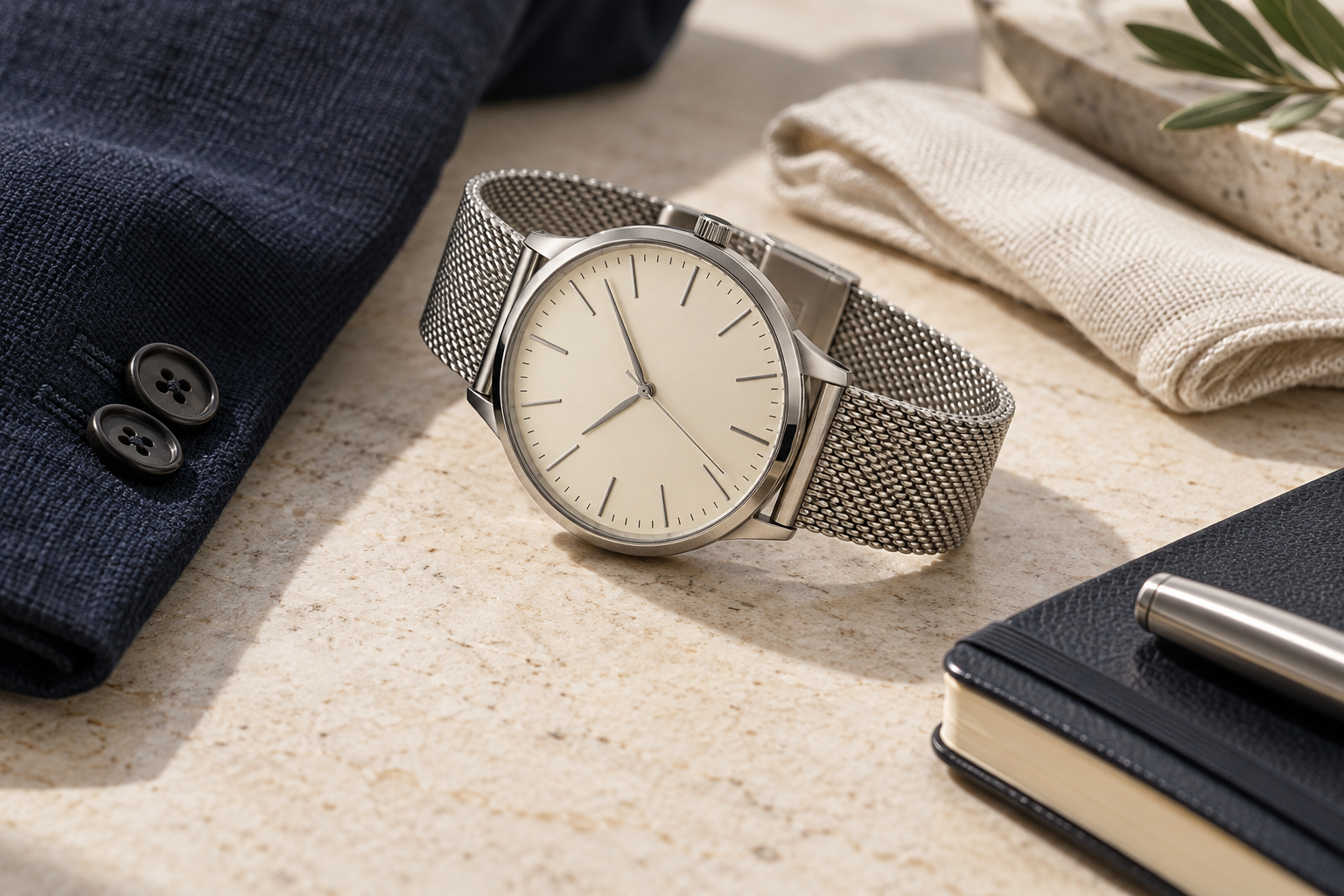 Symbolbild: silberne Mesh-Uhr mit hellem Zifferblatt auf einer neutralen Oberfläche